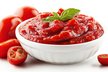 A rich tomato sauce garnished with fresh basil, served in a white bowl, alongside ripe tomatoes.
