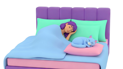 Girl and cat sleeping peacefully in a colorful bed