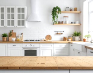 Fototapeta premium A bright kitchen interior with wooden countertop and white cabinets