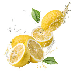 Fresh Lemons with Splashing Water and Green Leaves in Dynamic Composition on transparent background