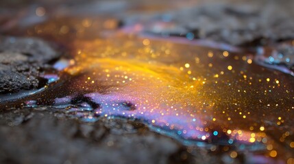 Iridescent oil slick reflecting vibrant colors and shimmering bokeh highlights on a textured dark surface