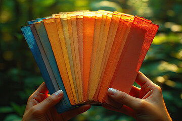 A vibrant display of color swatches held in hands, showcasing warm and cool tones against a lush green background.