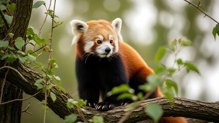 Fototapeta premium Red panda sitting on a tree branch