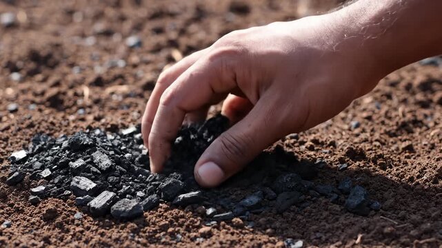 Hand Scattering Biochar Over Soil, Agriculture Concept