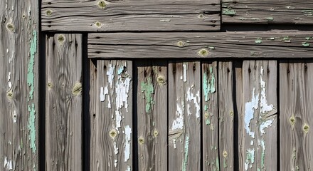 Weathered wooden planks texture with peeling green and white paint on old fence surface rustic timber wall background showing wood grain knots and vintage patina