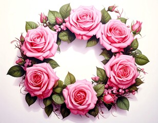 Elegant circular wreath of pink roses and green leaves on a pale background, centered around a blank space