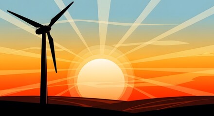 Obraz premium silhouette of wind turbine against a vibrant sunset sky with radiating sun beams, symbolizing renewable energy and sustainable future in a scenic landscape