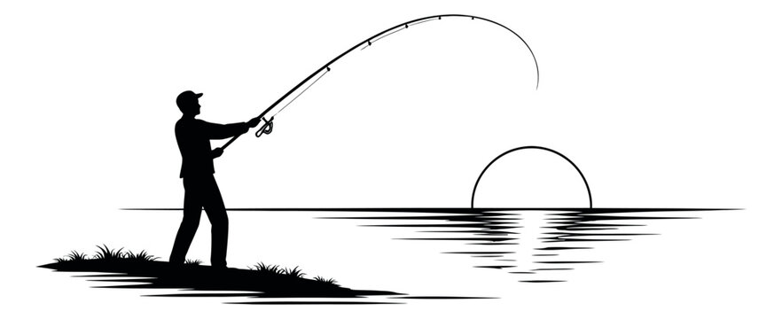 Silhouette graphic illustration of a fisherman depicting fishing at sunset for outdoor recreation concepts