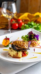 An elegantly plated dish with layered polenta, eggplant, and a glass of wine, adorned with edible flowers and herbs