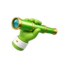 Green cartoon hand holding a golden telescope, isolated on transparent background.