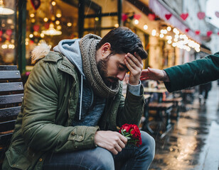 A young man sitting on the bench on valentine day feb. 14,  2026