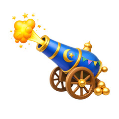 Blue Ramadan cannon firing golden stars, isolated on transparent background.