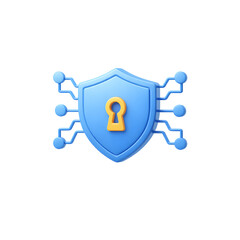 3D shield with keyhole and circuit, symbolizing robust cybersecurity and data protection, isolated on transparent background.