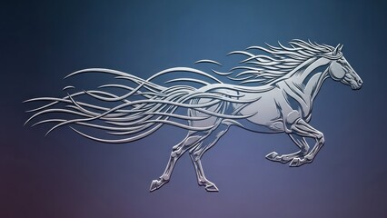 A white horse with flowing mane running on a blue background.