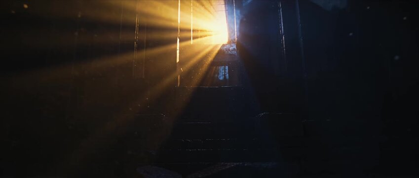 Mystical light beam video 4k abstract fantasy dungeon ancient stone step doorway glow dust magic god ray cinematic temple interior shadow golden blue light rays dust smoke fog dark moody room