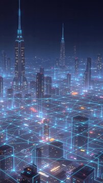 A futuristic city glows under a twilight sky  its towering skyscrapers interconnected by shimmering blue data streams %E2%80%94 a digital metropolis alive with intelligence  innovation  and the seamle