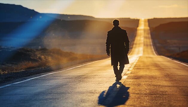 Lonely man silhouette on long road at sunrise and sunset, emotional journey travel solitude 4k video with abstract light rays, moody cinematic landscape and horizon unknown future