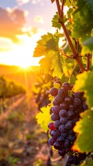 Grapes ripening under a golden sunset, rows of vines stretching into the distance, vibrant leaves