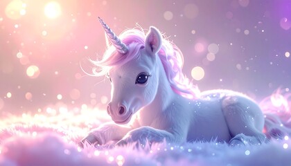 Adorable, magical unicorn lying on a soft, fluffy, pink and purple cloud with a dreamy, sparkling background