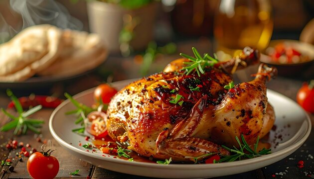 A roasted poultry dish, garnished with herbs and tomatoes, sits on a plate. Steam rises gently