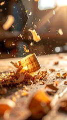 Wood shavings fly from a piece of carved wood on a surface, illuminated by a sunny light