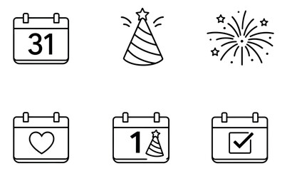 Line art celebration icon set featuring calendars with dates, a party hat, and fireworks for event planning and festive occasions