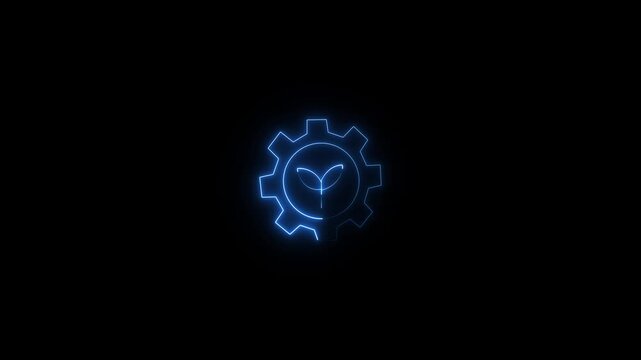Glowing red neon gear logo with tropical palm tree design on black background for innovation and automation,4k motion video..