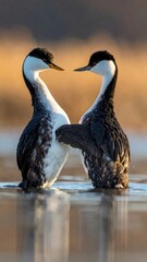 Two grebes stand neck-to-neck in shallow water, their reflections visible against a blurry golden background