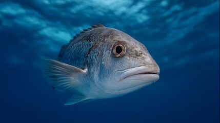 A solitary fish with large eyes swims in the clear blue underwater depths of the ocean
