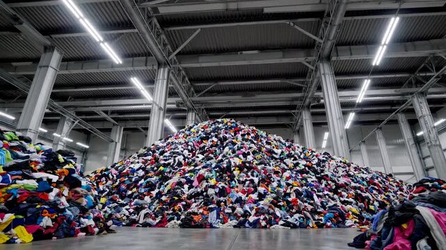 Wide-angle shot of a massive pile of clothes in an industrial warehouse, showcasing the concept of textile waste. Ideal for environmental awareness videos.