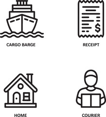 Logistics and Shipping Icons Set with Cargo Barge, Receipt, Home, and Courier
