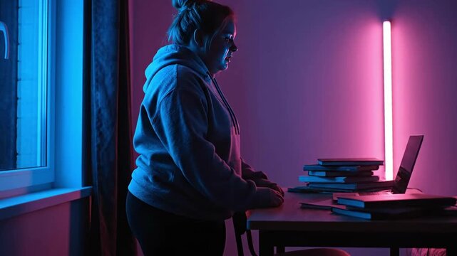 Standing in dramatic profile, the chubby teen studies intensely under vibrant neon lights, confined to her study prison.