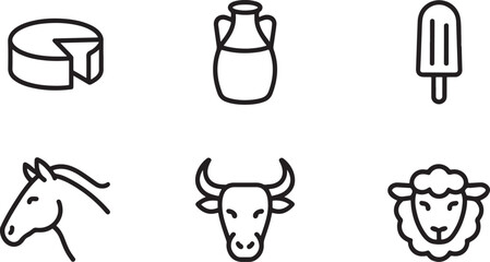 Dairy Farm Animals Icons Line Art