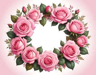 Circular wreath of delicate pink roses and vibrant green leaves against a soft pink gradient background, creating an empty center