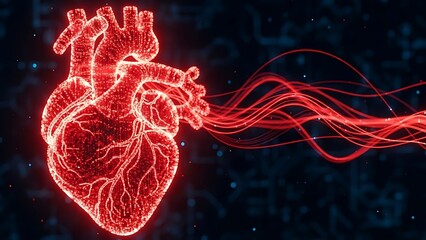 Digital anatomical human heart illustration made of glowing red particles with dynamic pulse waves on a dark blue background