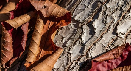 Close-up of dry fallen autumn leaves resting on rough tree bark, showcasing textures and natural decay in sunlight