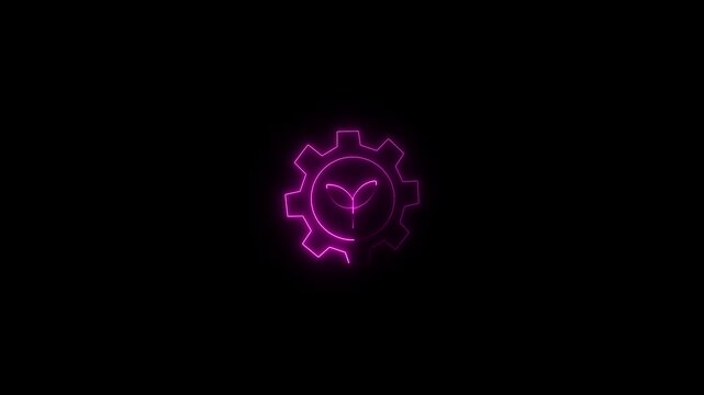 Glowing red neon gear logo with tropical palm tree design on black background for innovation and automation,4k motion video..