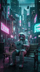Obraz premium An astronaut reading a newspaper in a futuristic cityscape setting, a world where the lines between the cosmos and urban life blur