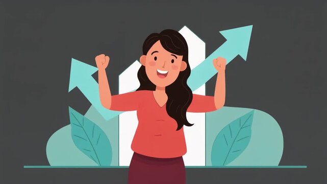 Employee Celebrating Business Success with Upward Arrow Animation