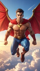 Muscular hero with red cape and wings soars through a cloudy sky