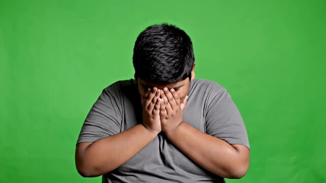 An emotional chubby teen boy cries, covering his face in a grey shirt studio shot against a bright green screen.