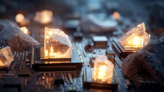 Cinematic rare earth digital device components illustration, glowing mineral elements embedded within precision electronic components, clean high-tech environment, controlled dramatic lighting