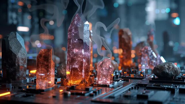 Cinematic rare earth digital device components illustration, glowing mineral elements embedded within precision electronic components, clean high-tech environment, controlled dramatic lighting