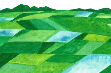 手描き水彩イラスト　田舎の田園風景