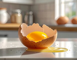 Cracked egg on a kitchen counter, yolk glistening under soft light near a window