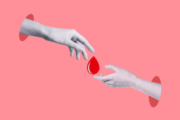 Two hands reach for each other by a red drop
