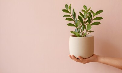 mauritian hand holding a pot of small tropical plant on a pale pastel wall