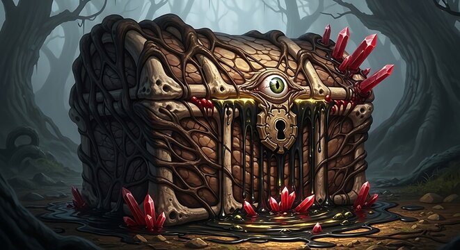 A twisted chest that seems to be grown from petrified flesh and dark, gnarled roots. A single, unblinking eye is set into the lock