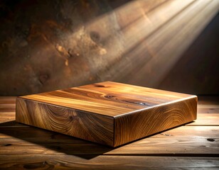 A wooden cutting board with a textured background bathed in light