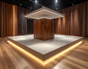 Modern interior with floating cube, platform, wood, curtains, and lighting